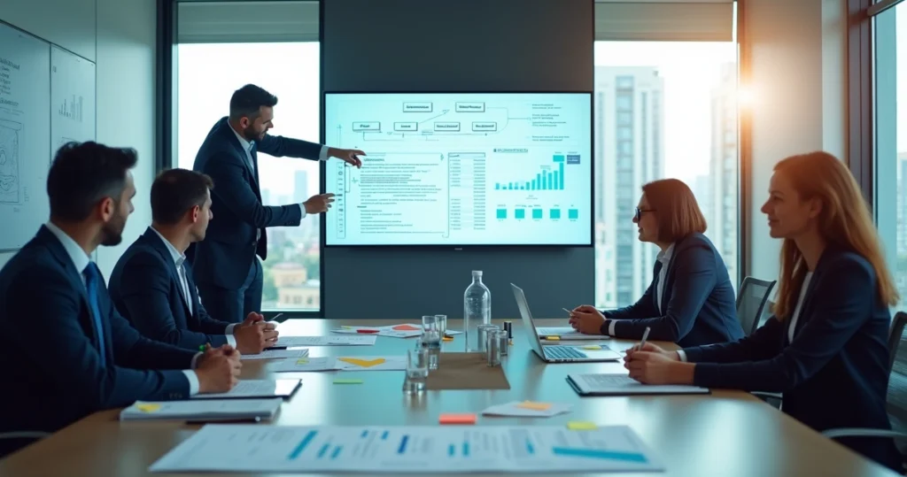 Equipe analisando mapa de processos com fluxograma em tela gigante
