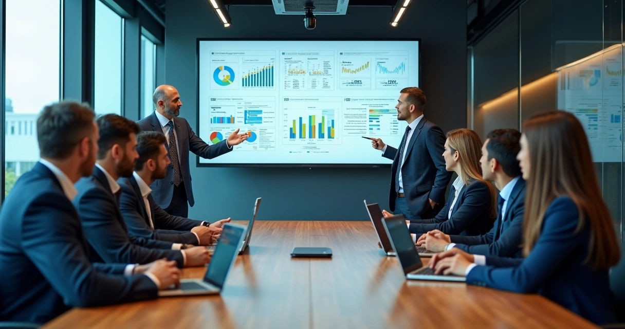 Executivos analisando painel de BI com gráficos e indicadores em grande tela