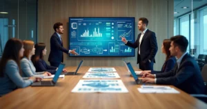 Executivos analisando painel de business intelligence com fluxos de processos e gráficos de desempenho