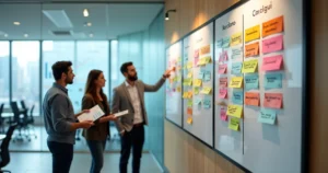 Quadro kanban colorido em ambiente corporativo moderno com equipe analisando processos