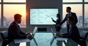 Executivos analisando gráficos de sensibilidade em tela gigante de projeção
