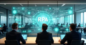 Executivos analisando painel digital com robôs virtuais e fluxos de processos