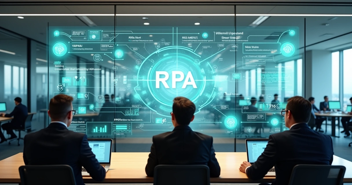 Executivos analisando painel digital com robôs virtuais e fluxos de processos