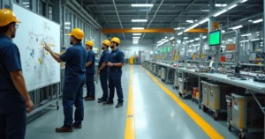 Linha de produção organizada com equipe aplicando conceitos de manufatura enxuta