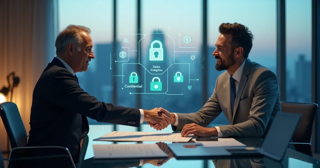 Executivo e consultor financeiro apertando as mãos diante de ícones de segurança digital