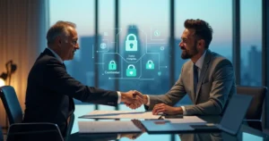 Executivo e consultor financeiro apertando as mãos diante de ícones de segurança digital
