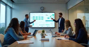 Reunião entre consultores e equipe interna analisando processos em tela grande