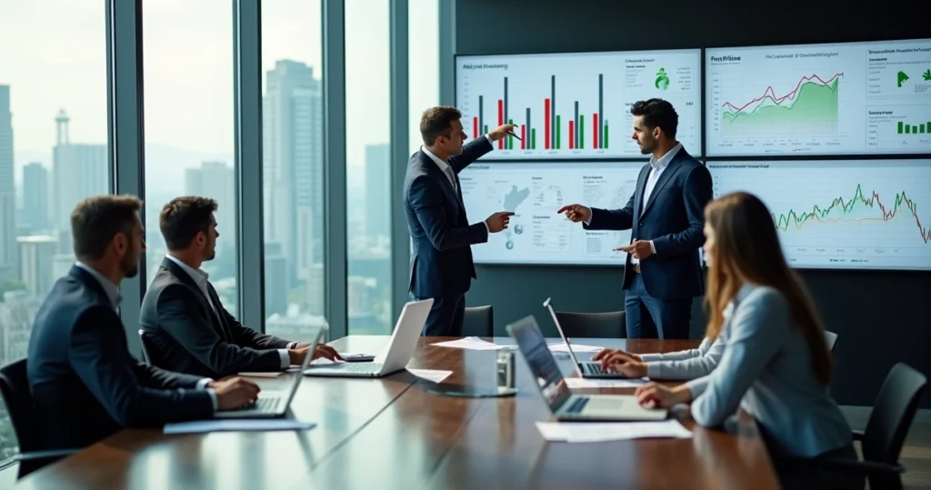 Executivos analisando gráficos financeiros com consultor externo em sala de reunião moderna