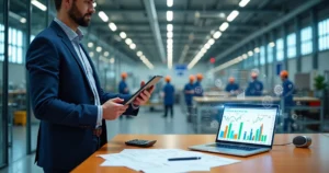 Gestor analisando gráficos de custos de produção em fábrica moderna