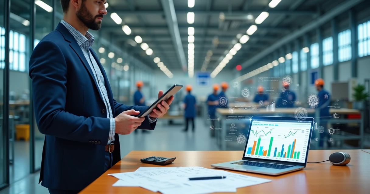 Gestor analisando gráficos de custos de produção em fábrica moderna