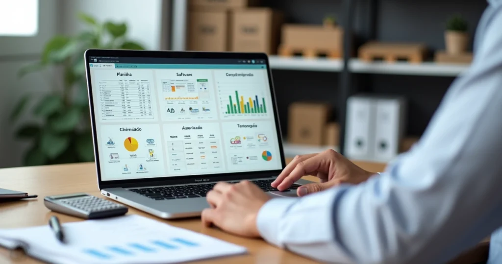 Gestor comparando controle de estoque em planilha, software e terceirização na tela de um notebook