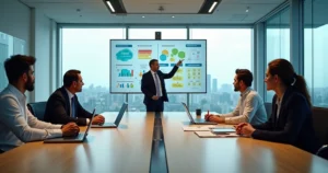 Gestores analisando comparação entre terceirização financeira e equipe interna em reunião