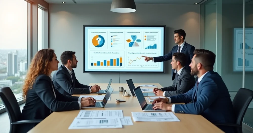 Executivos analisando proposta de consultoria financeira em reunião de negócios