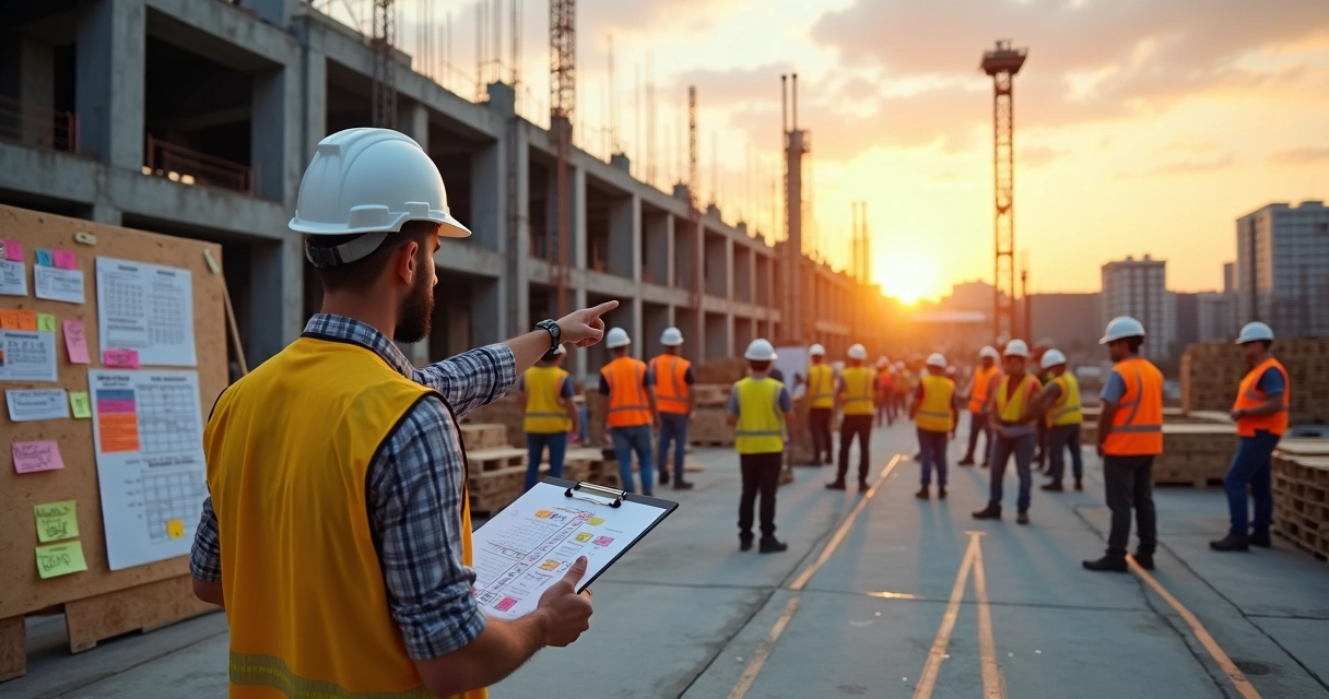 Engenheiro guia equipe em canteiro de obras organizado com painéis de planejamento lean