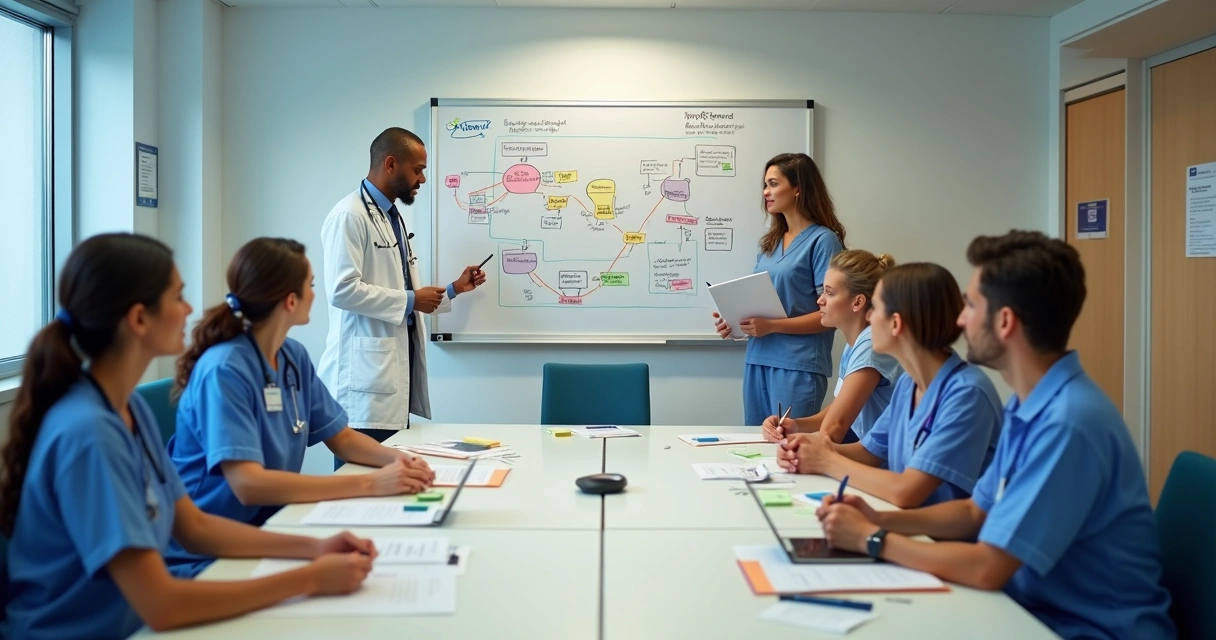 Equipe multidisciplinar hospitalar reunida em sala mapeando fluxo do paciente em quadro branco