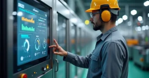 Operador industrial ajustando painel digital de máquina com métricas de OEE