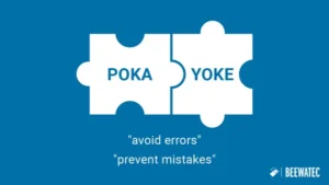 Mãos ajustando dispositivo poka yoke em gabarito de montagem industrial