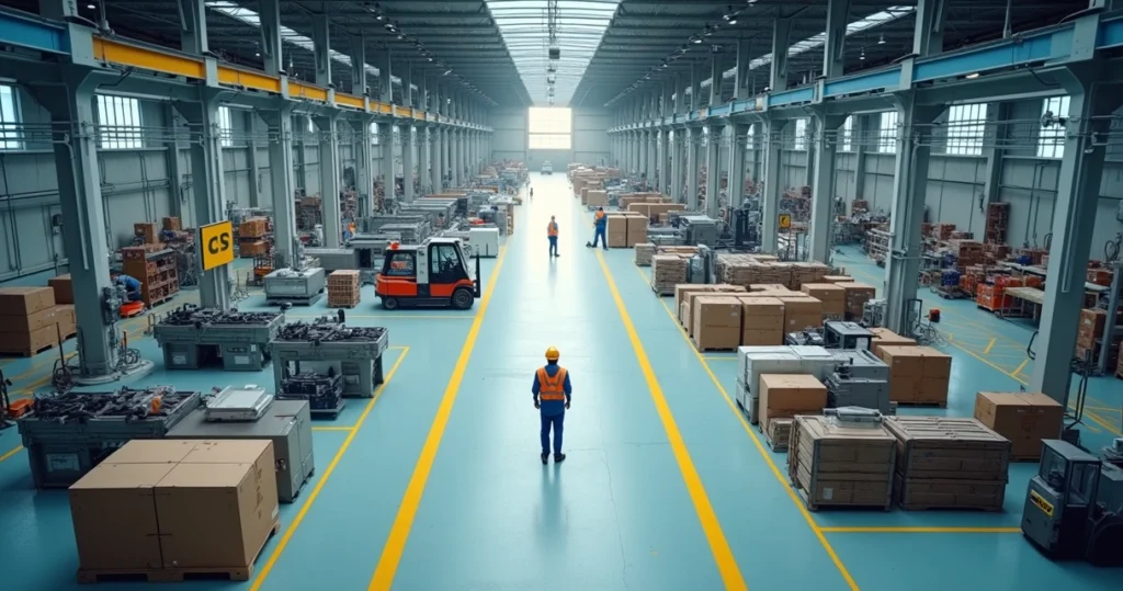 Vista aérea de fábrica com layout industrial bem organizado destacando fluxo de produção