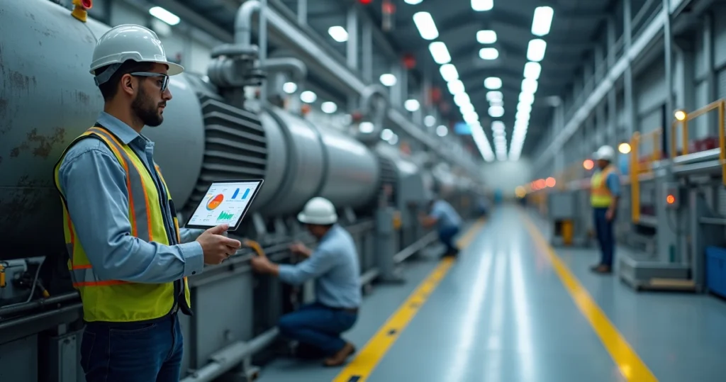 Engenheiro de manutenção industrial inspecionando equipamento com tablet