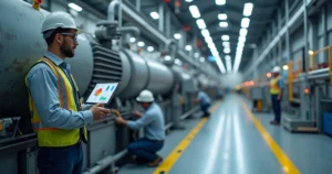 Engenheiro de manutenção industrial inspecionando equipamento com tablet