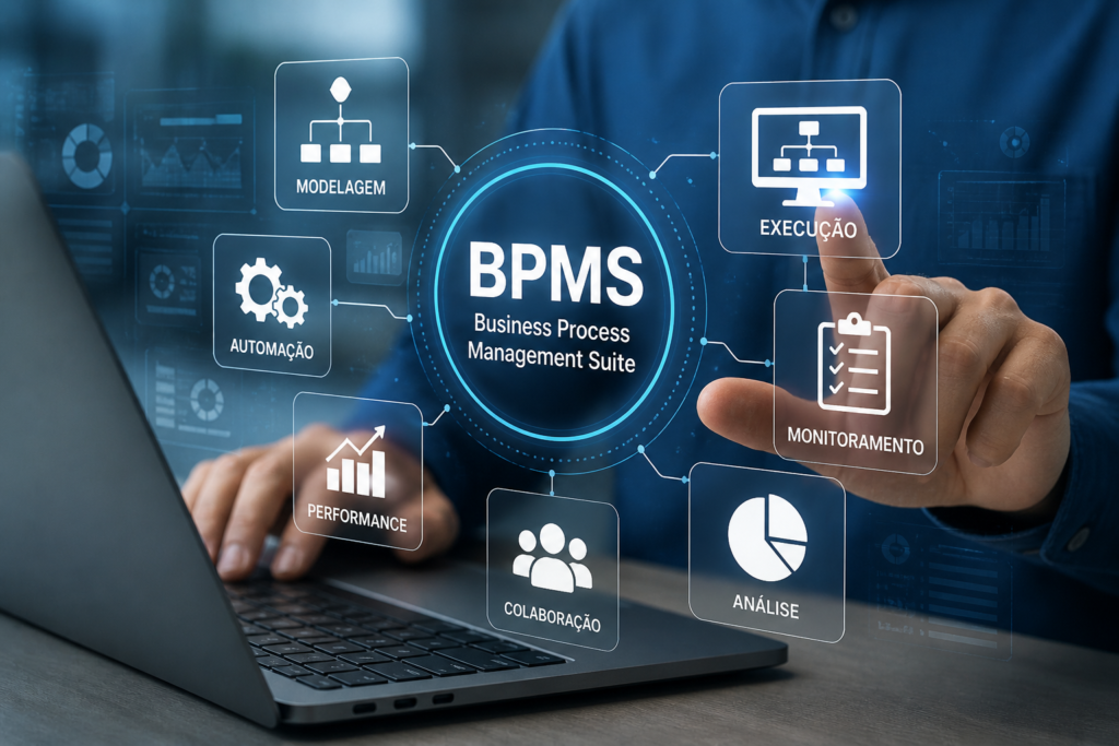 Painel digital com fluxos automatizados e indicadores de processos empresariais