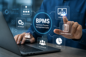 Painel digital com fluxos automatizados e indicadores de processos empresariais
