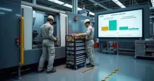 Equipe técnica realizando set up rápido em máquina industrial com cronômetro digital ao fundo