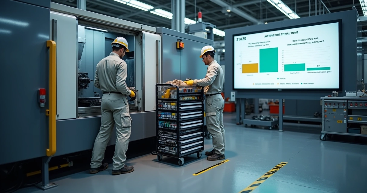 Equipe técnica realizando set up rápido em máquina industrial com cronômetro digital ao fundo