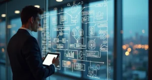 Consultor analisa mural transparente com fluxo de processos e indicadores digitais