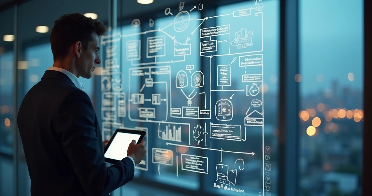 Consultor analisa mural transparente com fluxo de processos e indicadores digitais
