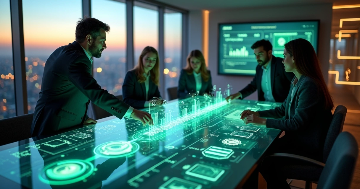 Equipe em volta de mesa digital analisando fluxo de processos e indicadores de desempenho