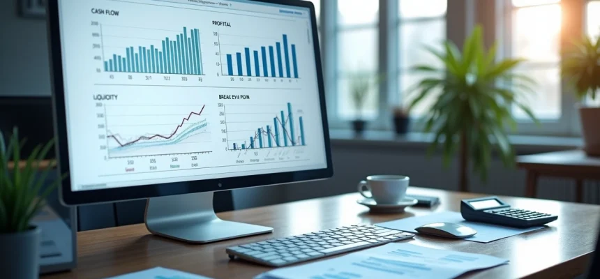 Tela de computador exibindo gráficos financeiros detalhados com indicadores de fluxo de caixa e rentabilidade
