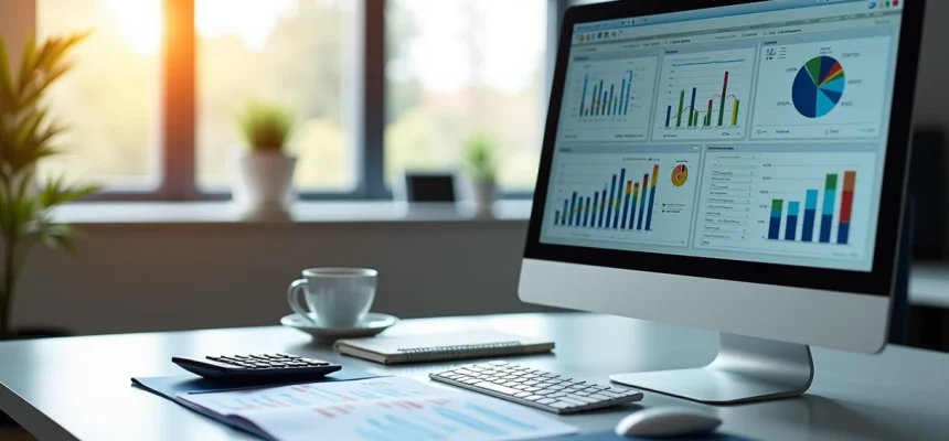 Mesa de escritório com computador mostrando gráficos financeiros, planilhas e cálculos de viabilidade econômica detalhados