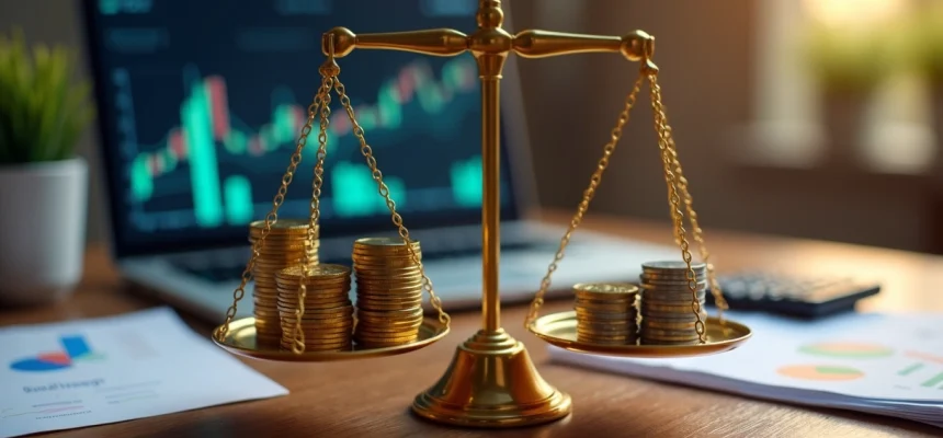 Balança de decisões financeiras equilibrando moedas de um lado e gráficos de investimentos do outro