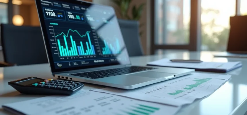 Mesa com laptop aberto mostrando gráficos financeiros, calculadora, cadernos e planilhas espalhadas, ambiente corporativo iluminado