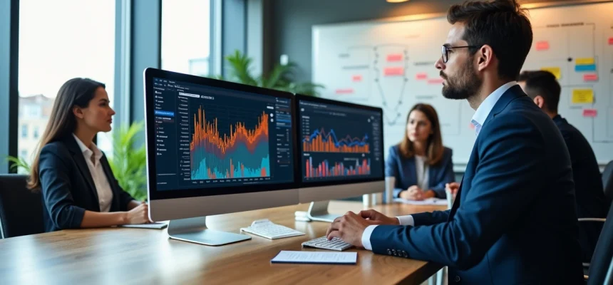 Mesa de escritório com tela de computador mostrando gráficos financeiros dinâmicos e equipe em reunião de planejamento