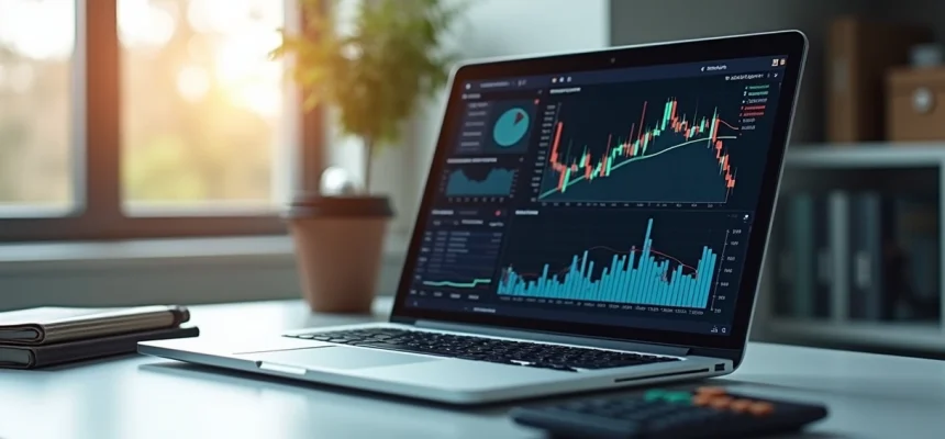 Mesa de escritório com laptop exibindo gráficos financeiros, cadernos e calculadora ao lado, luz natural entrando pela janela