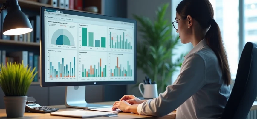 Gestor de tesouraria analisando relatórios financeiros em computador com gráficos e planilhas na tela