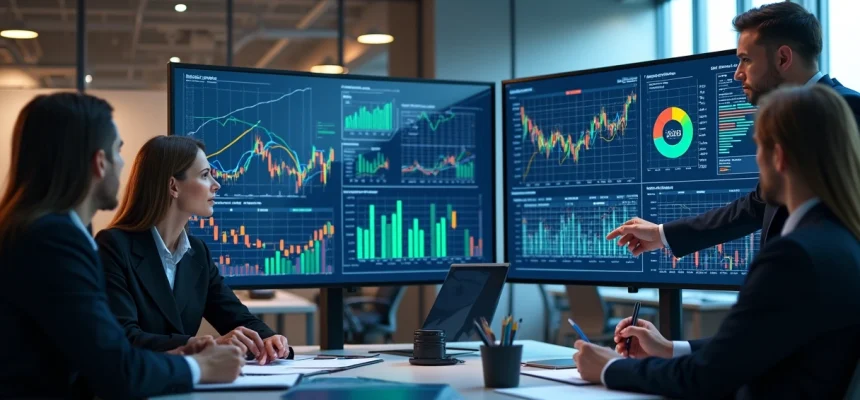 Análise detalhada de gráficos financeiros em telas digitais com pessoas discutindo cenários de forecasting